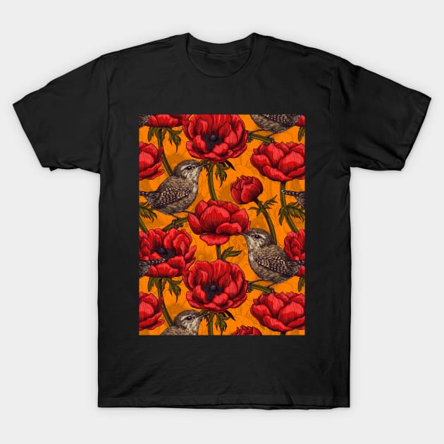 Wrens in a red anemone garden T-Shirt by katerinamk